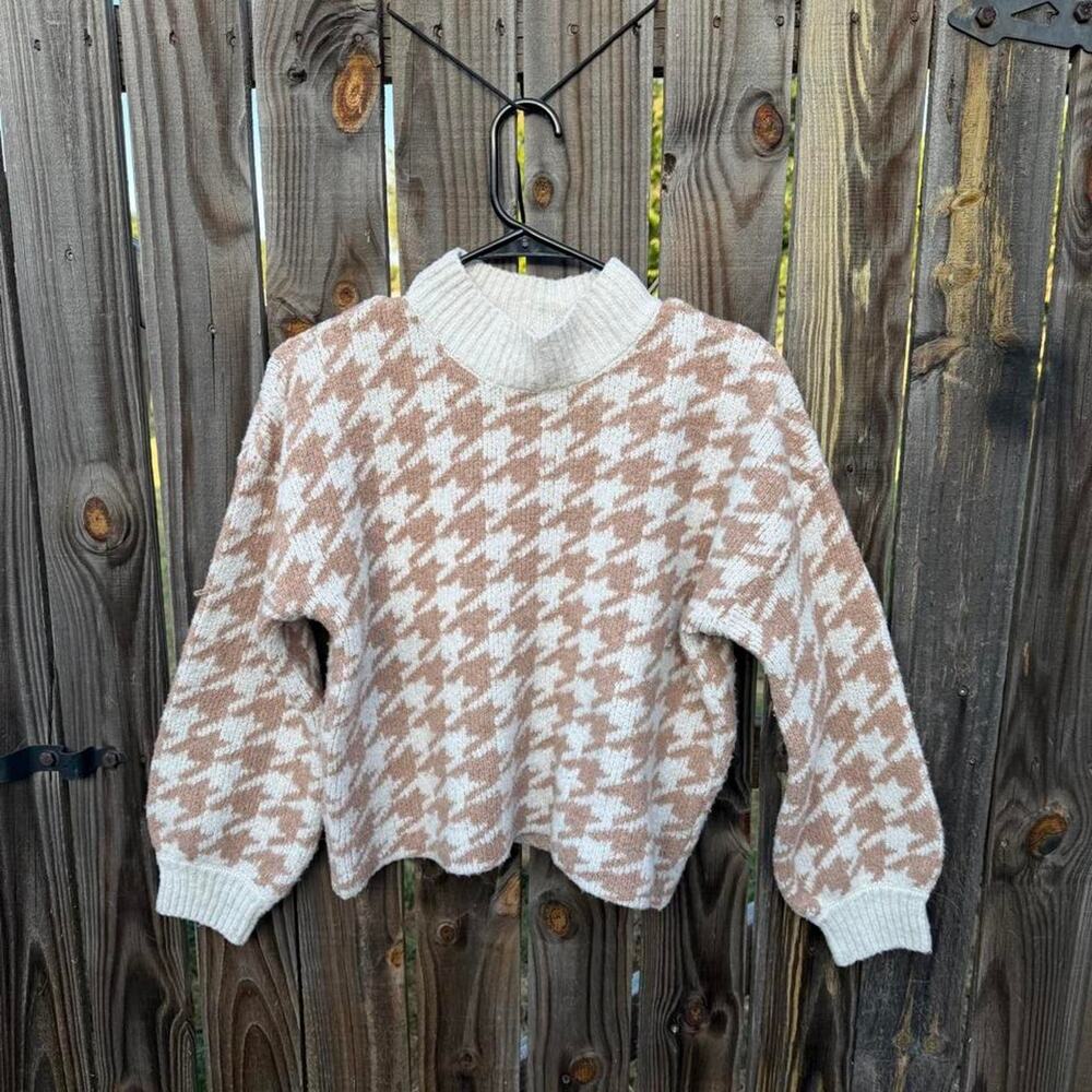 PINK ROSE Houndstooth Mock Neck Sweater Tan White Medium